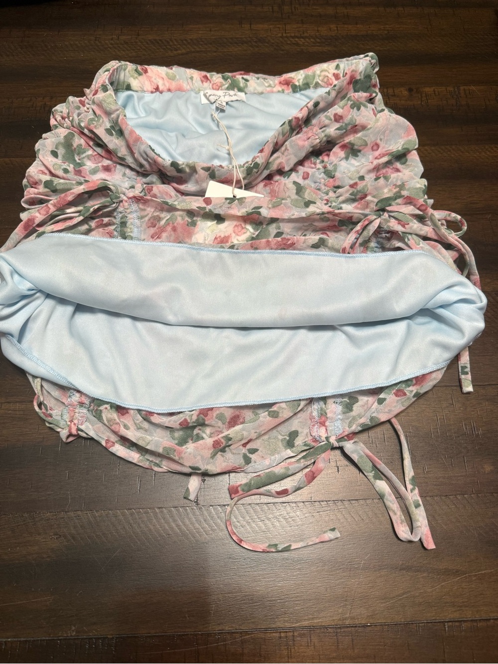 Floral Ruched Drawstring Mini Skirt - Pink & Green - Picture 3 of 5